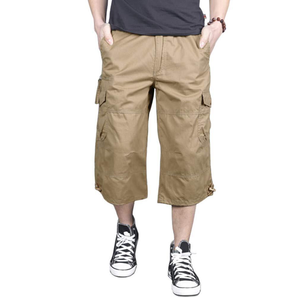 Men's Long Elastic Cargo Shorts Below Knee 3/4 Cotton Casual
