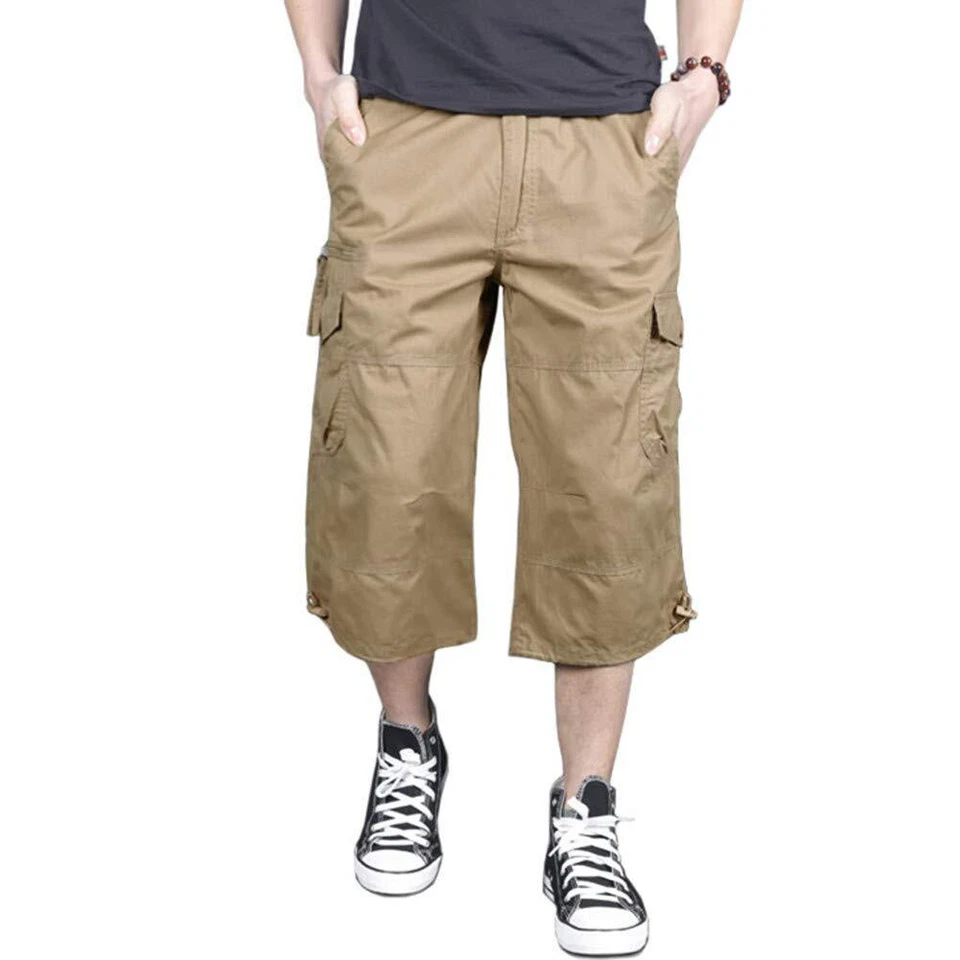 Men's Long Elastic Cargo Shorts Below Knee 3/4 Cotton Casual Outdoor Hiking Pant - Image 2 of 4