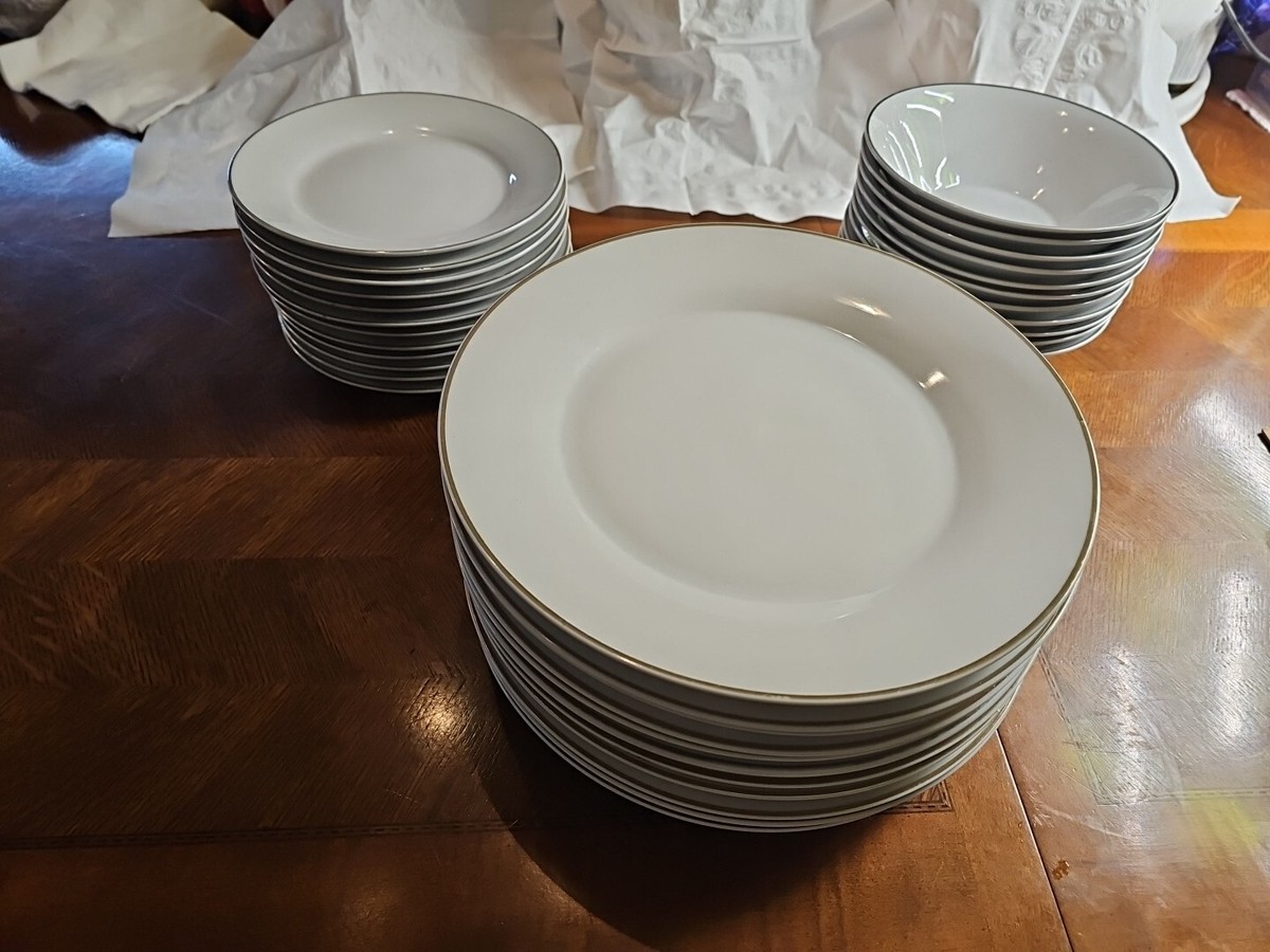 SILVER RIM 100% PORCELAIN CHINA 12 Dinner Plates 12 Salad Plates 11 Bowls  (OK)