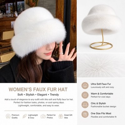 Damen Kunstfellmütze weiß weich flauschig Mode Bucket Cap