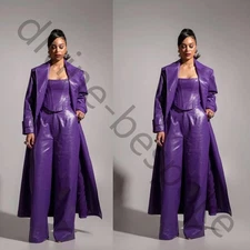 Purple Leather Women's Suits Long Jacket Party Prom Formal Business Coat Pants