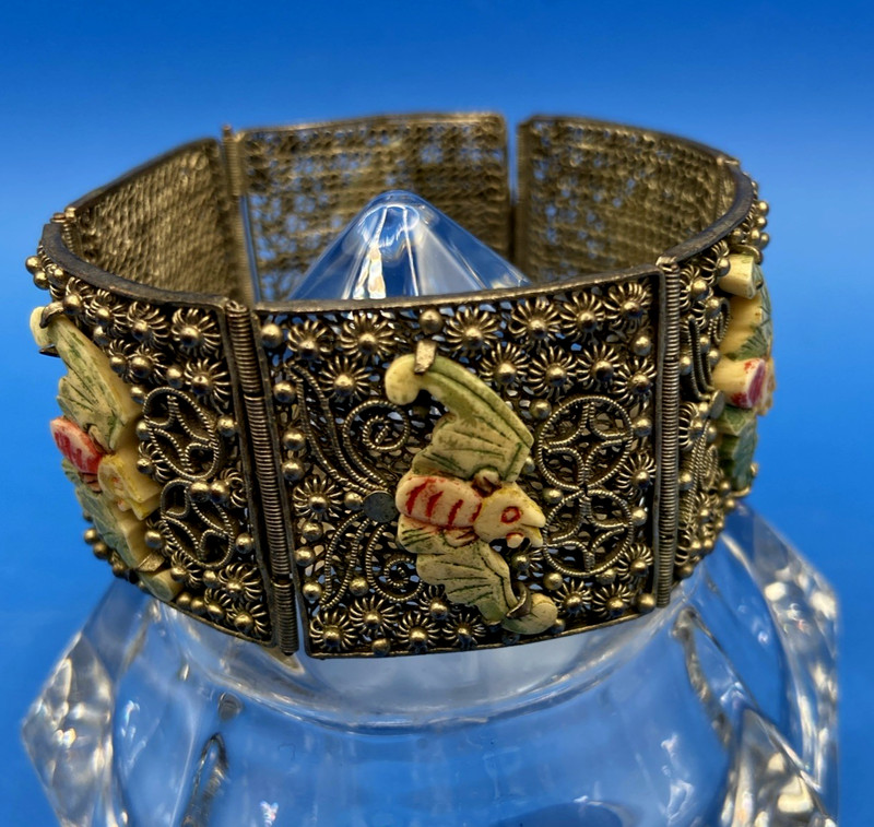 BRACELET 6 filigree panels painted BATS antique vintage marked Made In China