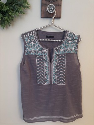 THML Womens Size L Gray Sleeveless Top Embroidered Boho