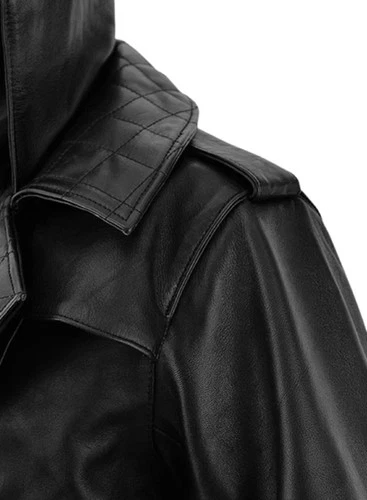 Mens Black Lambskin Leather Hooded Trench Coat Full Length Duster Overcoat Wears image 5