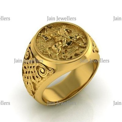 22 Kt Real Solid Yellow Gold St. Michael Fighting Dragon Ring Size