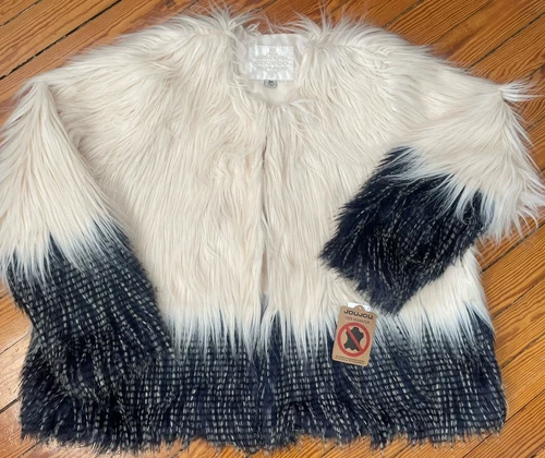 OFF WHITE JouJou giacca lunga pelliccia sintetica bianco sporco e blu navy senza colletto 3x nuova