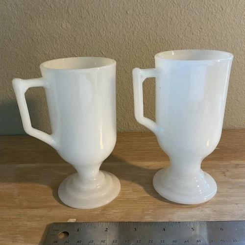Vintage SET Of 2, White Federal Milk Glass Footed Pedestal Hot Cocoa Mugs