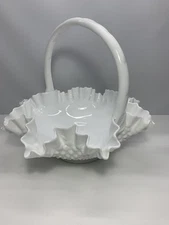 Hobnail Milk Glass 10" Basket Ruffled Edge and Crimped Handle Vintage