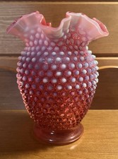 Vintage Fenton 7.5 Tall Pink Cranberry Hobnail Opalescent Ruffled Topped Vase