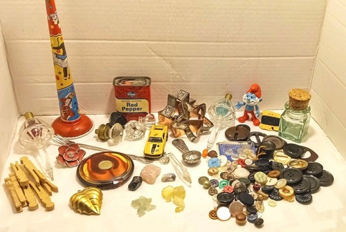 40+ Items Vintage Junk Drawer Lot 1912 German Card, Lantern, Antique Buttons +++