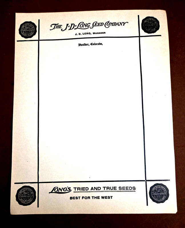 1923 Boulder Colorado original J.D.Long Seed Co. letterhead from estate find