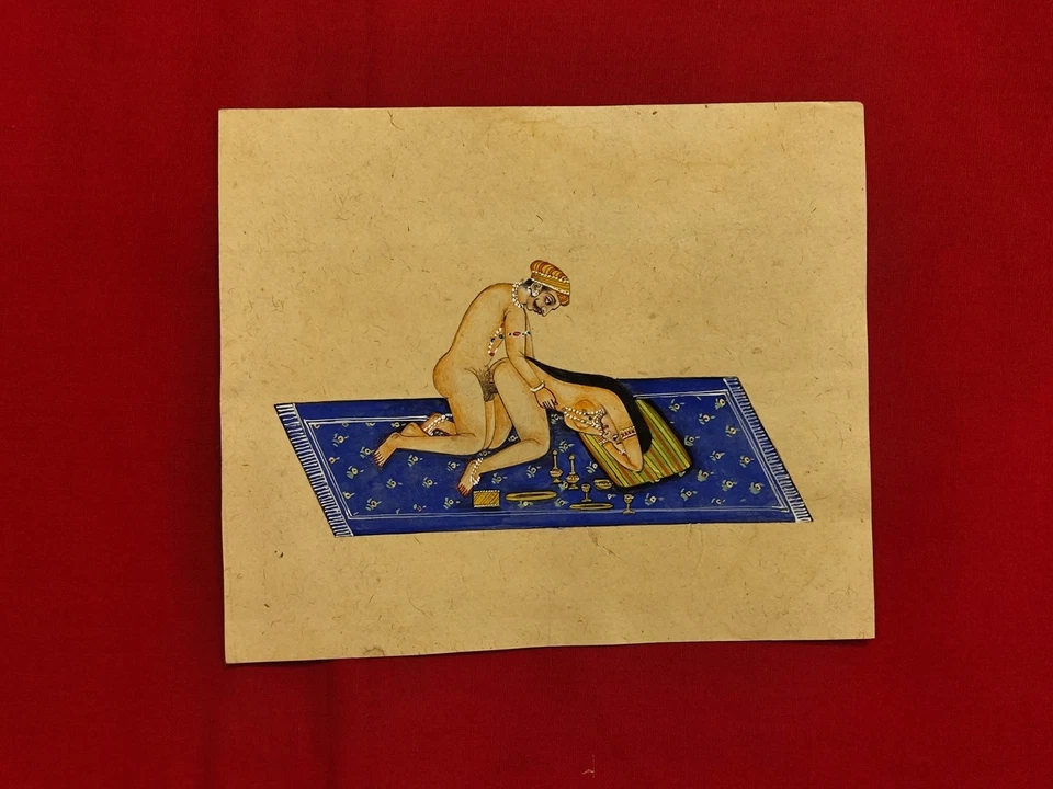Tradicional Rei Real Rainha Mughal Erótico Kamasutra Pintura de Cena de Amor em Papel - Imagem 4 de 4