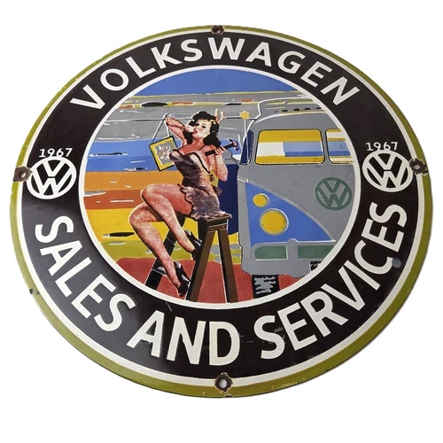 Vintage Volkswagen Sign - Sales Dealership VW Automobile Gas Pump Porcelain Sign