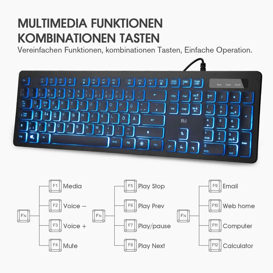 Rii Gaming Tastatur Und Maus Set, Tastatur Maus Set Mit Kabel, 3 LED Hintergrund - Bild 3 von 4