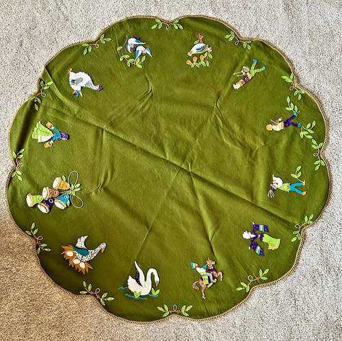 Vintage Bucilla Handmade Felt Sequin Green 12 Days of Christmas Tree Skirt!