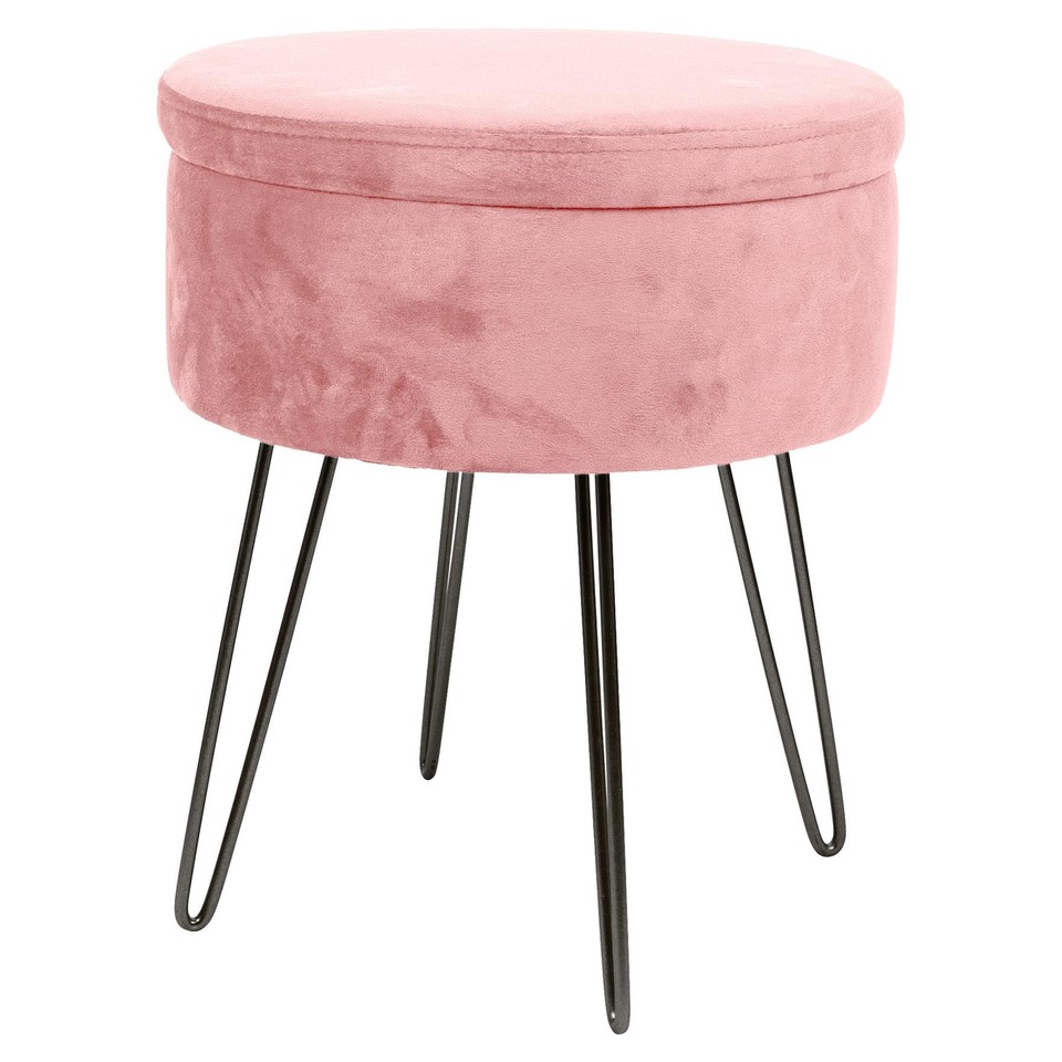 1x Rose/Noir H45 x D36cm Rond Repose-Pieds de Rangement en Velours Ottoman Siège