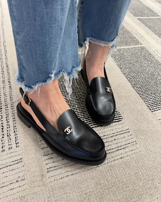 CHANEL 25P Black leather Loafer Slingbacks With CC Crystals 37 | eBay