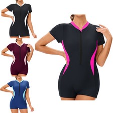 Women Bodysuit Performance Jumpsuit Pool Leotard Front Zip Swimsuit Modest Hot