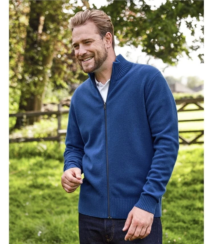 woolovers Mens Lambswool Lincoln Zipper Cardigan Blue Small Size