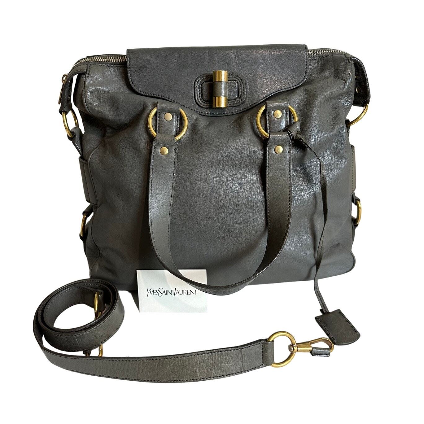 Borsa Yves Saint Laurent Rive Gauche grande con manico superiore in pelle grigia Chevre