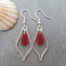 Hawaiian Jewelry Sea Glass Earrings, Wire Loop Red Earrings, Sea Glass Jewelry