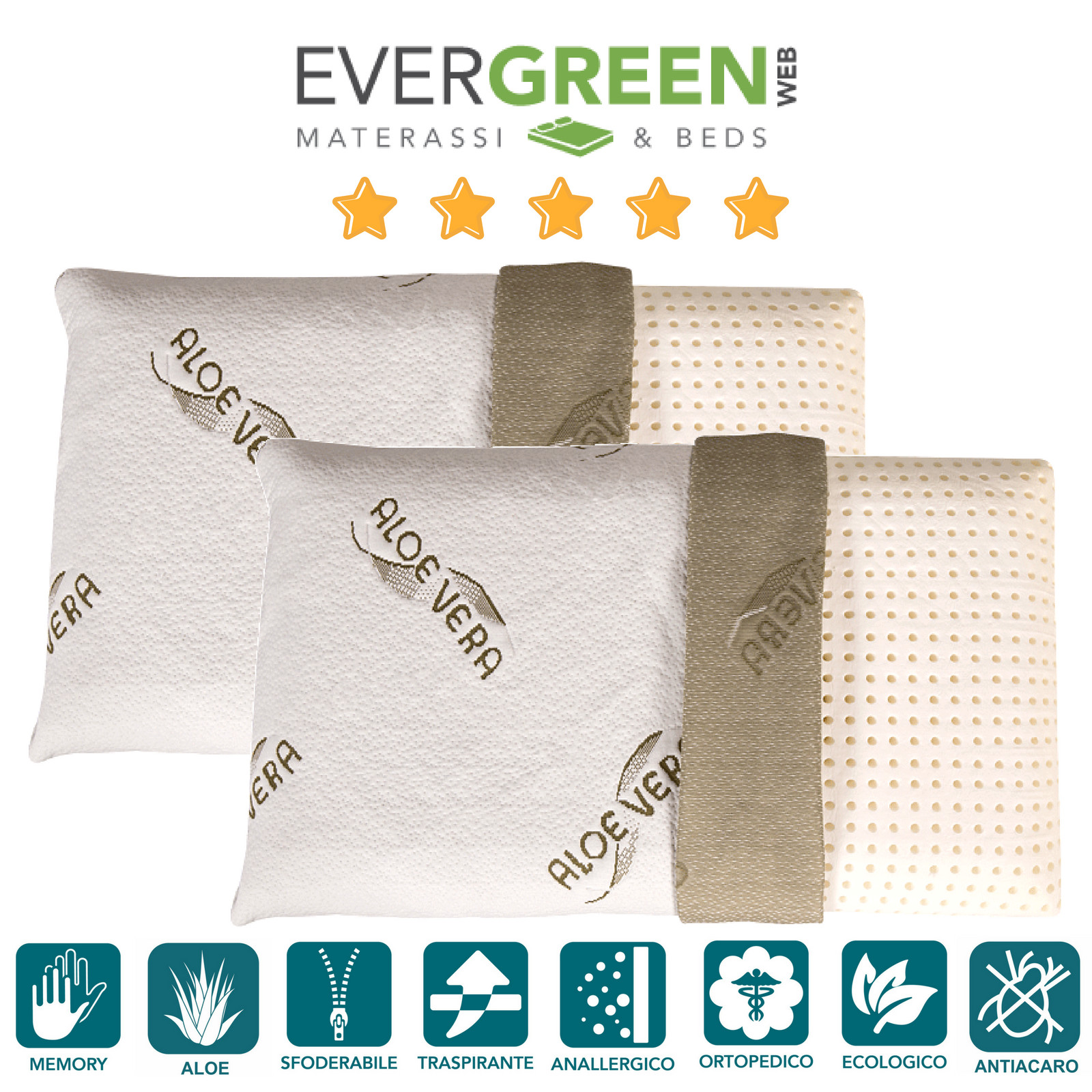 Cuscini Letto in Memory 40x70 Bassi 9 cm fodera con Oli essenziali ALOE VERA ??