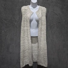 Long Sleeveless Duster Sweater Vest Cardigan SzLg Soft Cozy Fuzzy White Gold Lux