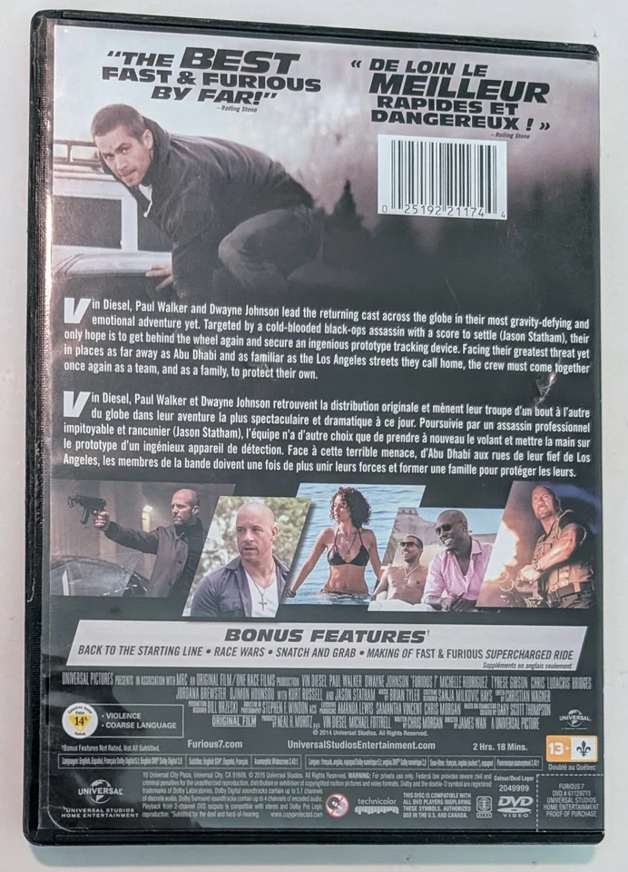 Furious 7 DVD (2015) - Region 1 - FR/EN/ES - VG+ (Tested) - Image 3 of 4
