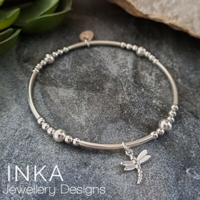 Inka 925 Sterlingsilber Stretch Perlen Stapelarmband mit Libelle Charm