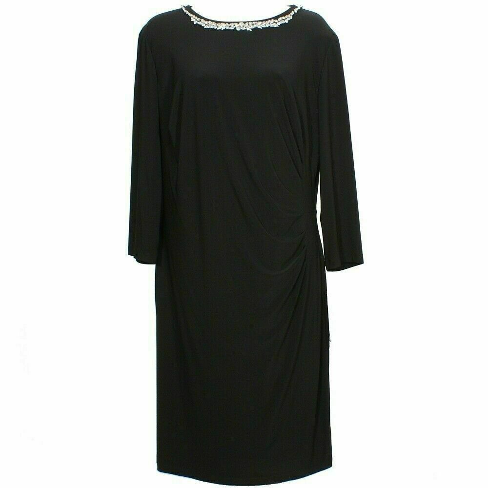 ralph lauren matte jersey dress RALPH LAUREN Black Stretch Matte Jersey Jewel Beaded Neck Sheath Dress 20W