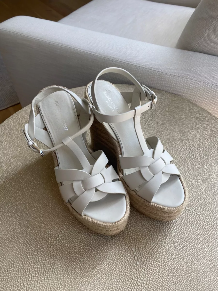 YSL Saint Laurent - Tribute White Smooth Leather Espadrilles Wedge (Size US  8.5)