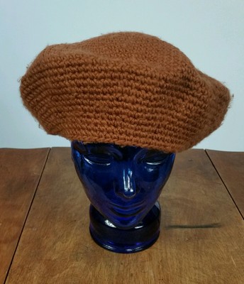 Vtg Brown Tan Acrylic Knit Beret Slouchy Cap Boho 1970s Pattern Textured Hat NWT 1970 main image 3