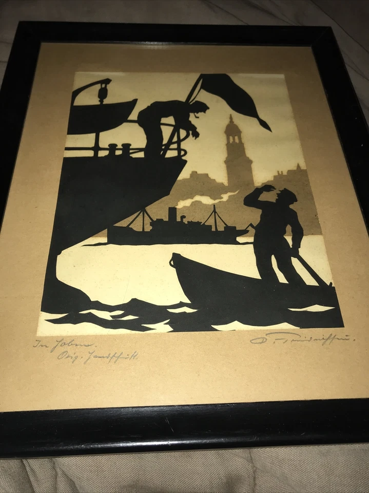 Scherenschnitte - силуэт - слои - вырезанная из бумаги - моряки - лодки - подписанное искусство - Изображение 2 из 4