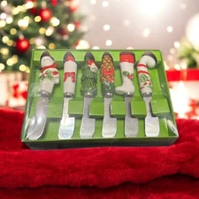 Set Of 6 Ceramic Christmas Cheese Spread Butter Knives- Stainless Steel- Santa 