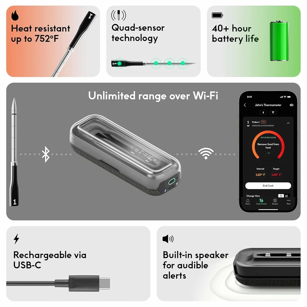 Bluetooth Meat Thermometer with Quad Sensors & Ultra-Thin Probe for Precision Bluetooth Meat Thermometer with Quad Sensors & Ultra-Thin Probe for Precision