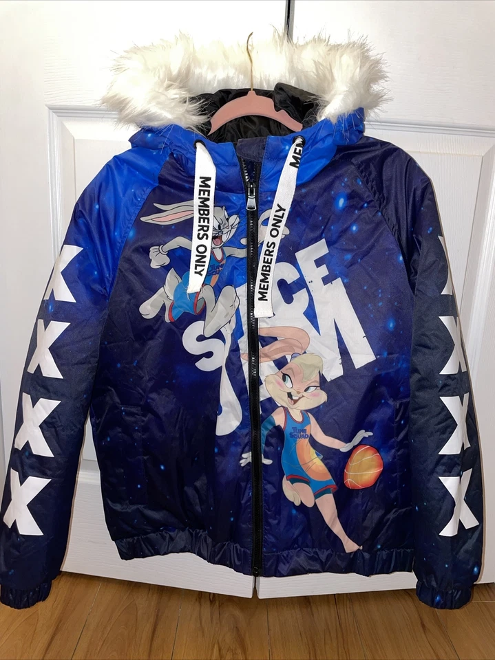 NEW!  RARE (Space Jam) Looney Tunes Blue Galaxy Puffer  Fur Hooded Coat Size- M - Image 4 of 4
