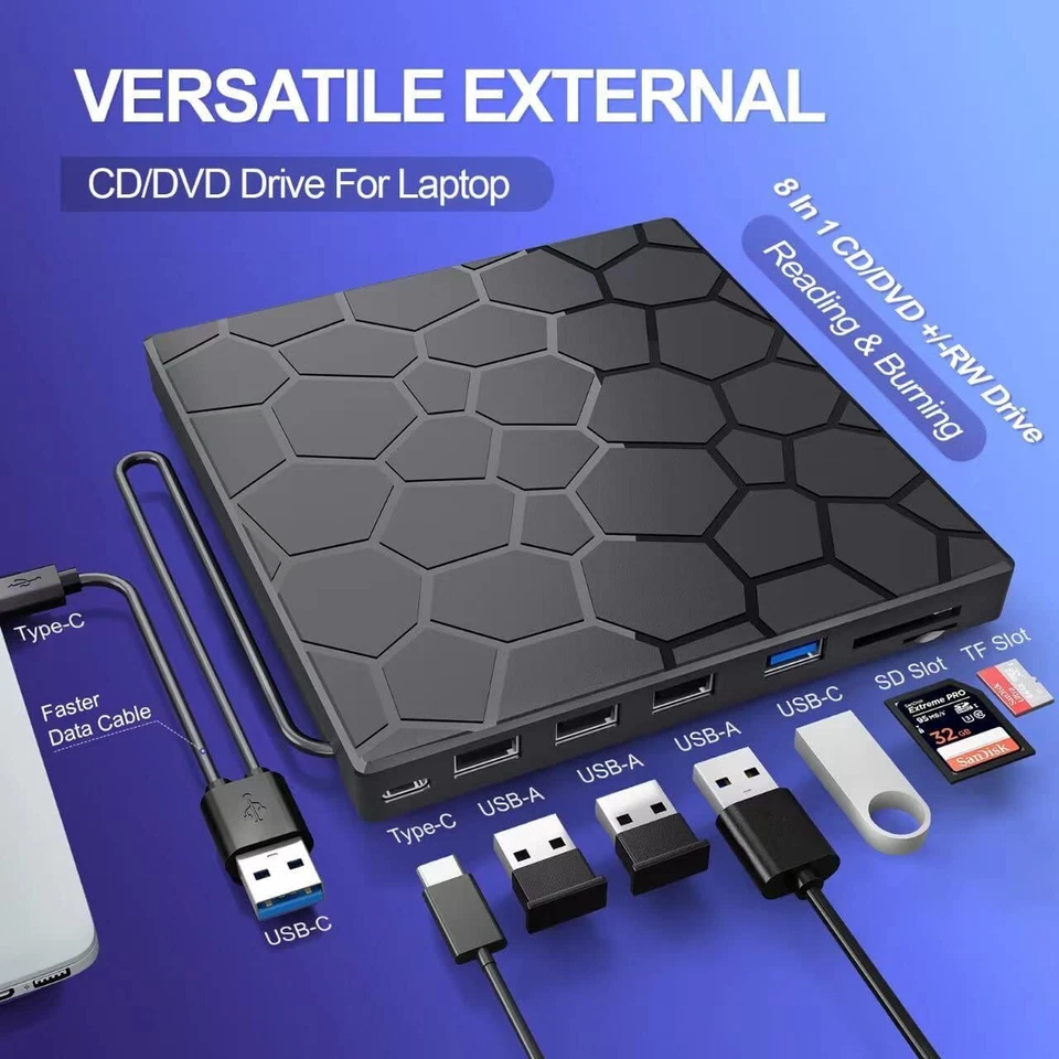 External CD DVD Drive USB 3.0 Type-C, External with SD/TF Card Reader RW Burner - Image 4 of 4