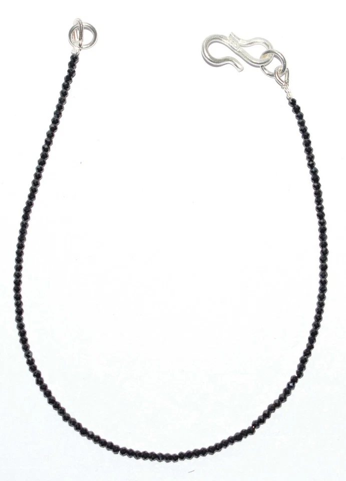 Black Zircon Gemstone 2 mm Round Beads 925 Fine Silver 10" Strand Bracelet G-22 - Image 2 of 4