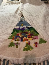Vintage NEEDLEPOINT CREWEL Hand Made Christmas Tree Skirt 5’ Village Mouse