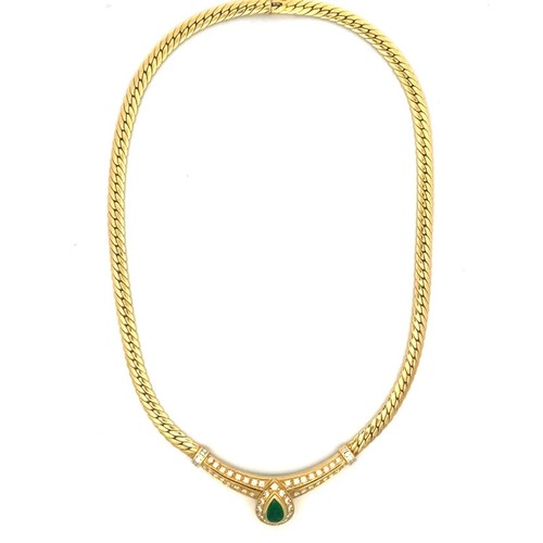 Emerald Diamond Gold Necklace 18k Yellow Teardrop Centerpiece Braided Chain - Picture 3 of 7