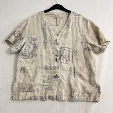 Vintage Sweet Jessie Tan 100% Linen Boxy Short Sleeve Shirt Poetry Size Small