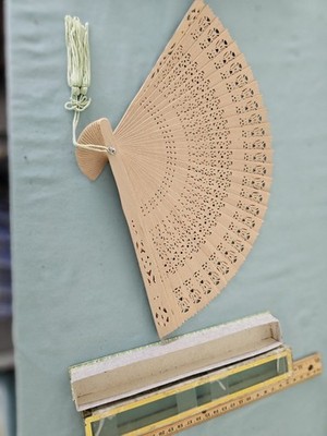 Vintage Wooden Folding Fan With Glass Top Box