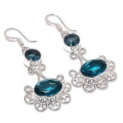 London Blue Topaz Gemstone Handmade 925 Sterling Silver Jewelry Earring Size 2''