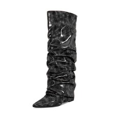 Chsfjwle Knee-High Boots for women Folding Boot Women's Chunky Heelwith... 
