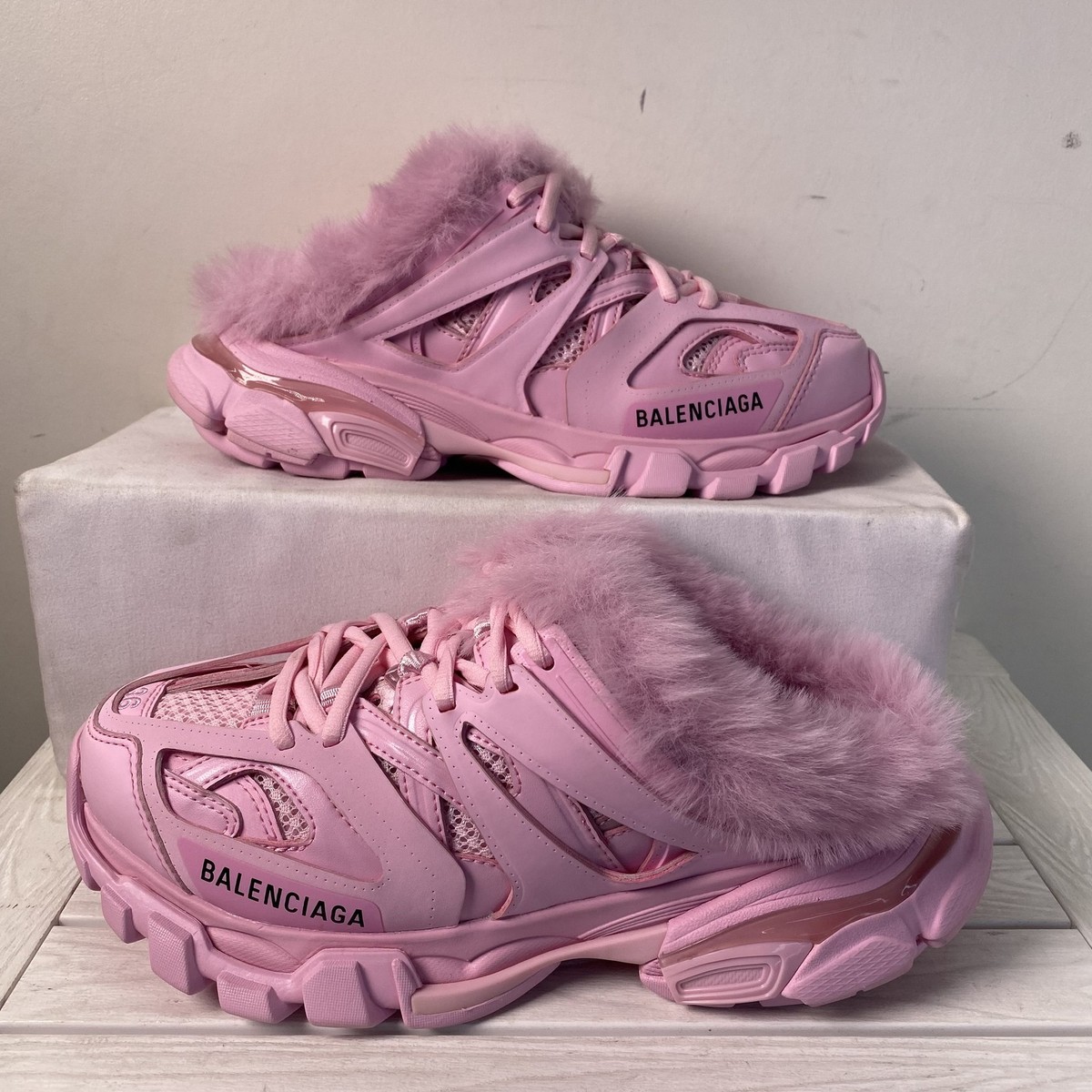 Balenciaga Womens US6 EU36 Track Mule Sweet Pink Faux Fur Open