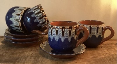 Bulgarische Trojanische Keramik Pfauenauge Blue Ripple Design 4er Set I