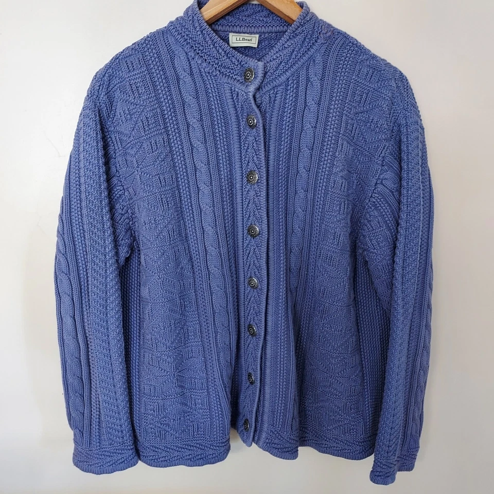 Vtg LL Bean Purple Cable Chunky Knit Cardigan Sweater Fisherman Cottagecore M - Image 2 of 4
