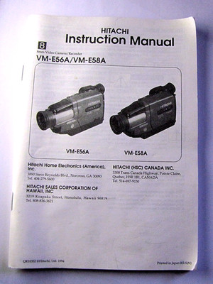 Hitachi Instructions Manual 8mm Camera Recorder VM-E56A VM-E58A English