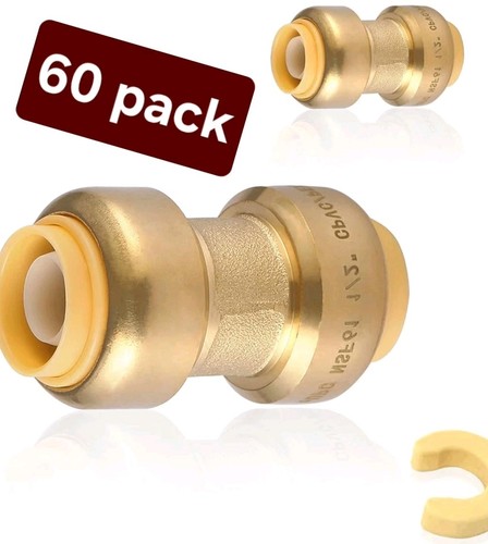 60 Pack 1" x 1" Push to Connect Coupling(PF009-50)Pushfit Plumbing Fittings BRAS