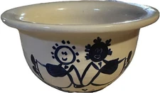 VTG FARMHOUSE CERAMIC STONEWARE SALT GLAZED BOWL CREAM NAVY BLUE COBALT SIGNED